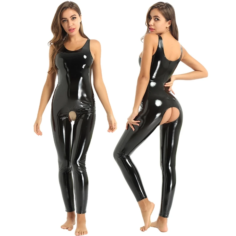 

iEFiEL amazon Womens Wet Look Patent Leather Neck Sleeveless Crotchless Catsuit Leotard Romper Jumpsuit Clubwear hot selling