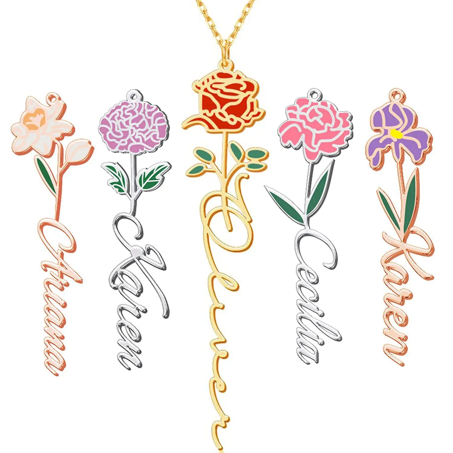 

Fast Shipping Best Christmas Gift 12 Birth Flower Stainless Steel Initial Name Necklaces