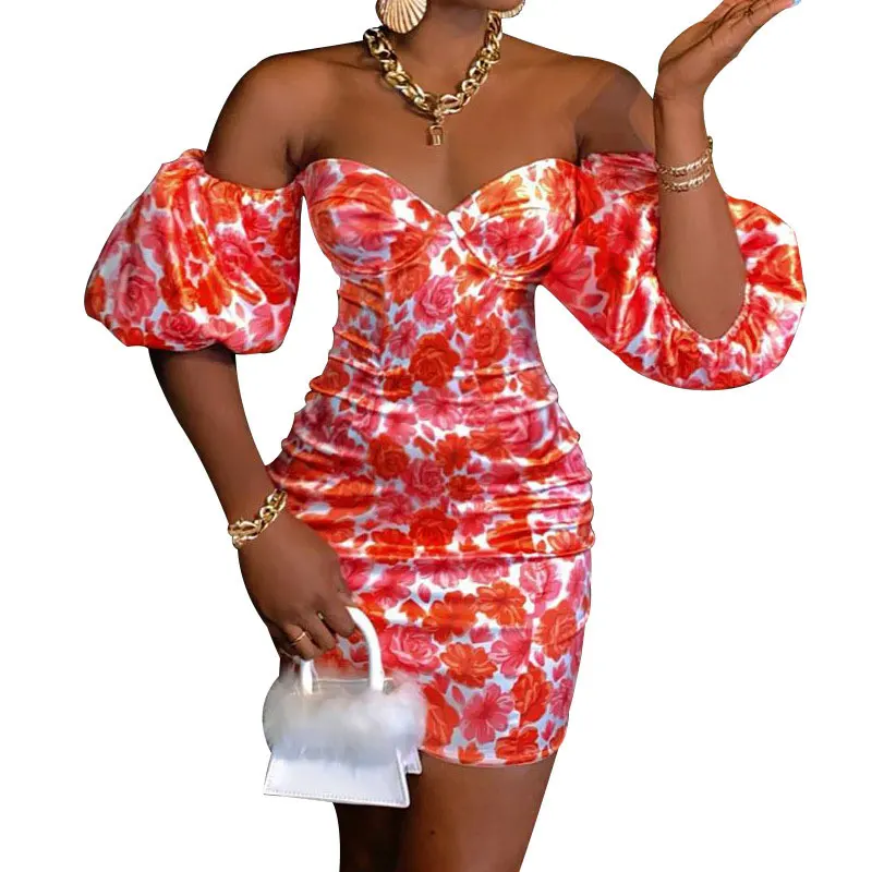 

21230-MX93 off shoulder floral printed slim bodycon mini girls dresses sehe fashion