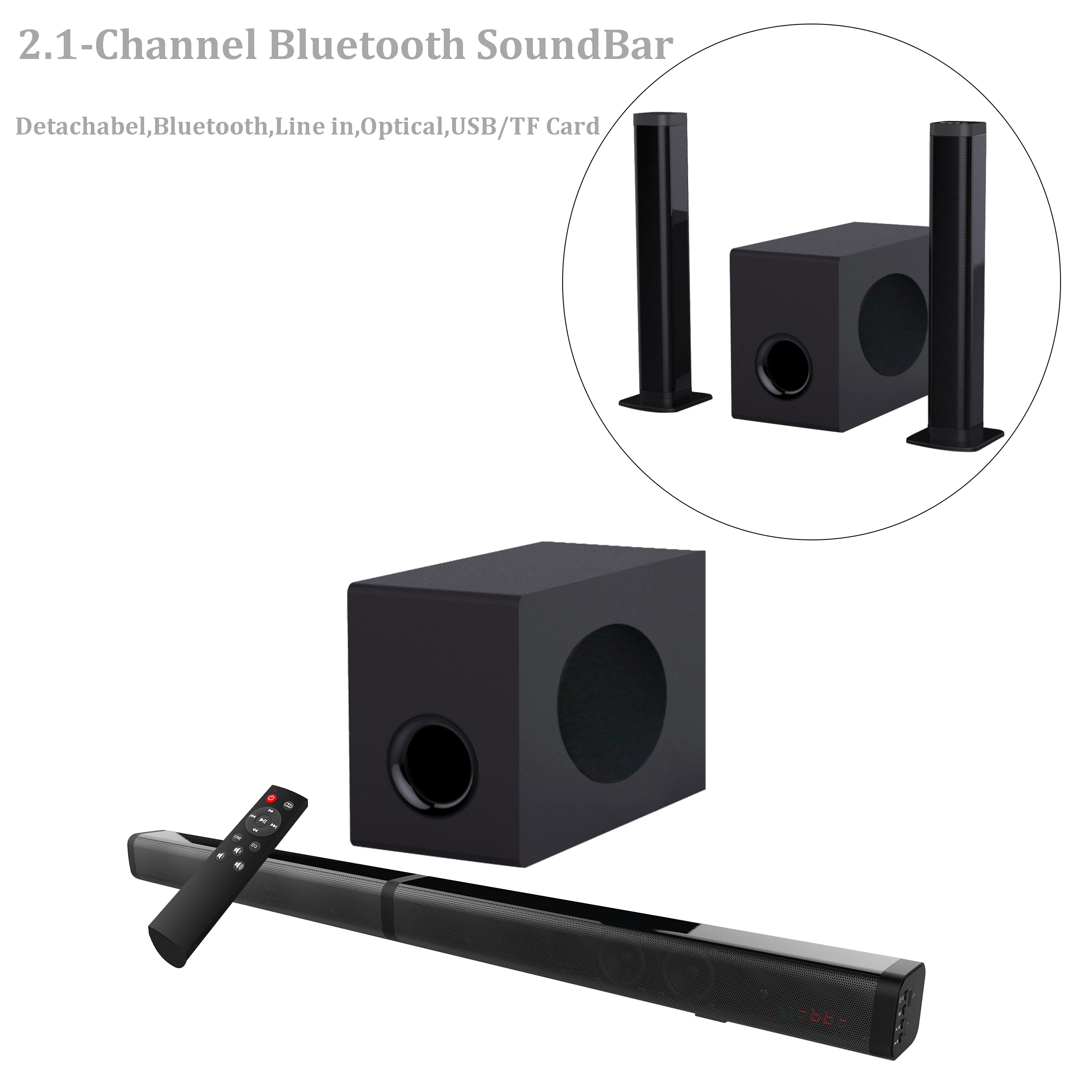 

Samtronic top end 2.1ch Detachable soundbar, 100W Wireless sound bar surround sound wireless for tv home theatre, Black