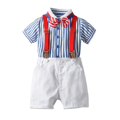 

F40943A British-style handysome boy's striped bow T-shirt+suspender trousers baby boys' clothing sets baby clothing sets