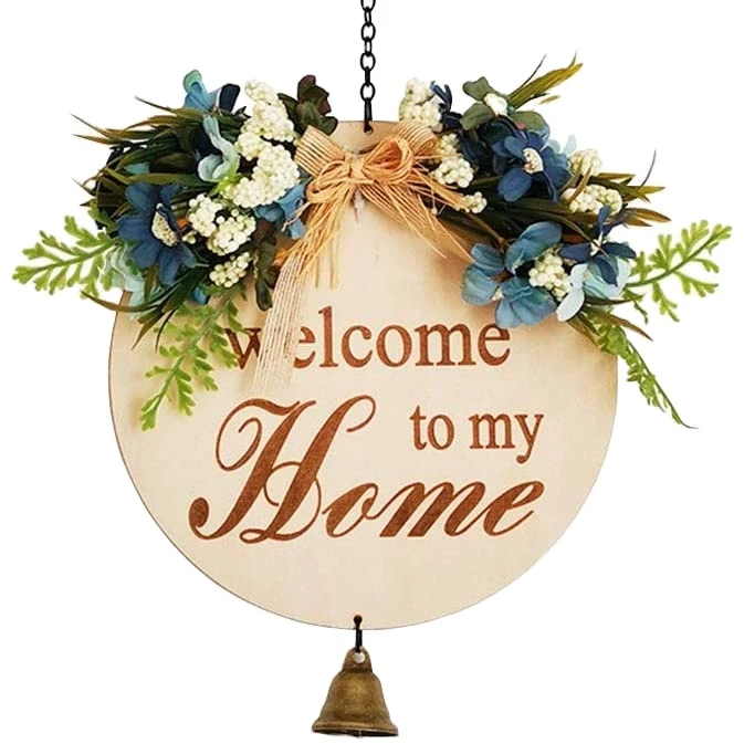 

Welcome Wreaths for Front Door Front Door Decor Front Porch Decorations Hanging Sign Rustic Wood Hanging Sign with Bell, Customized color