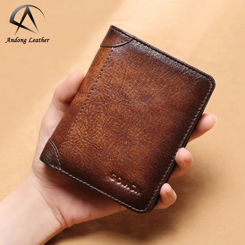 

Andong Produce RFID Men Wallet Real Genuine Cow Leather Short Wallets Driver's License Card Holder Purse Polished Purses