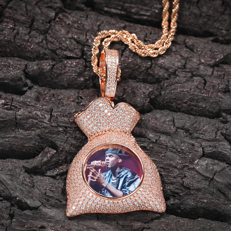 

Wholesale Custom Gold Photo Pendant Copper Zircon Money Bag Pendant