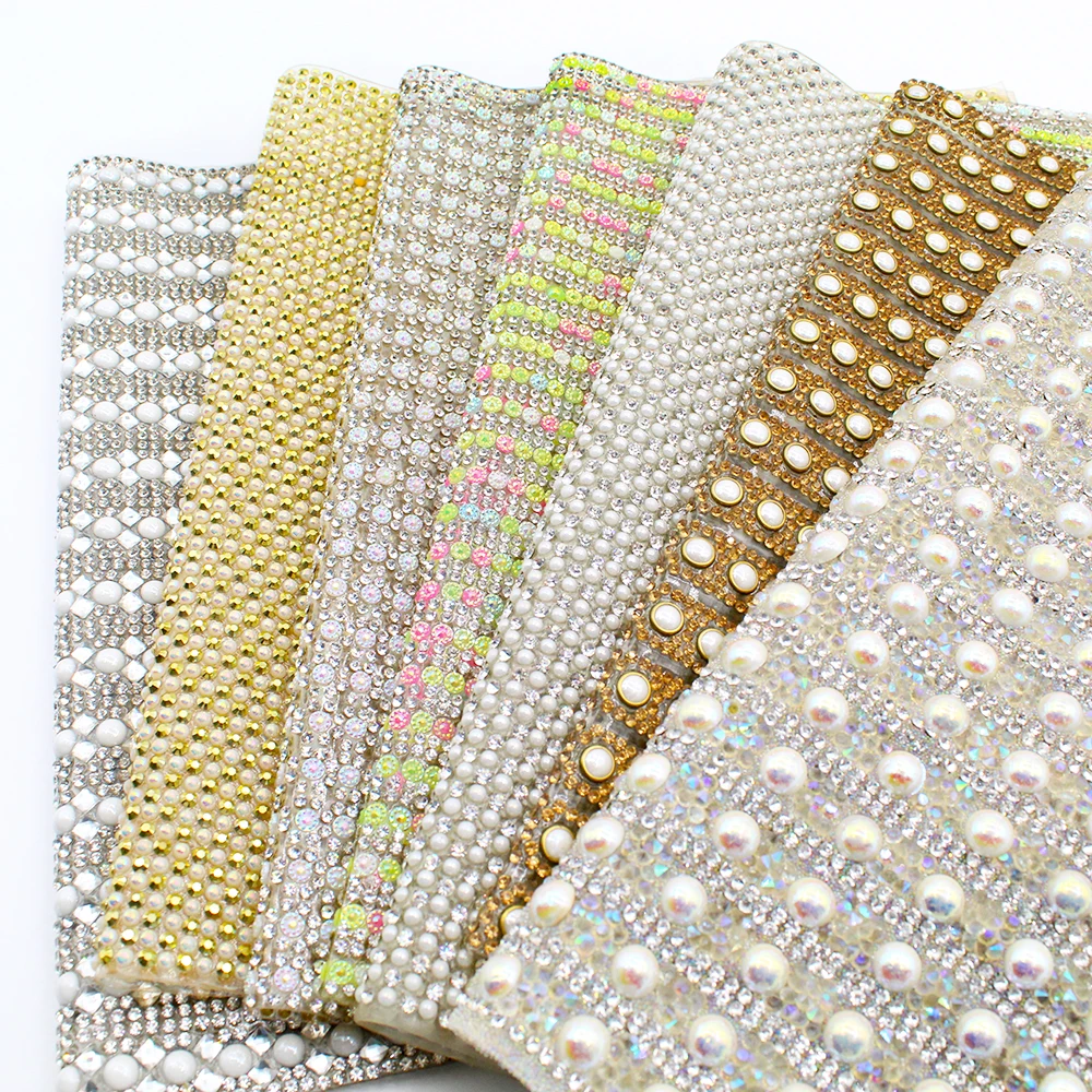 

Clear Hotfix Glass Rhinestone Mesh Trim Crystal Fabric Sheet Strass Ribbon Applique for Clothes Jewelry Crafts, Pearl rhinestone sheet