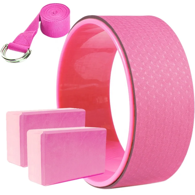 

Hot 4 Piece Yoga Wheel Set Yoga Block Stretch Strap Pilates Ring with Open Back Yoga Backbend Artifact, Pink, purple, blue, green