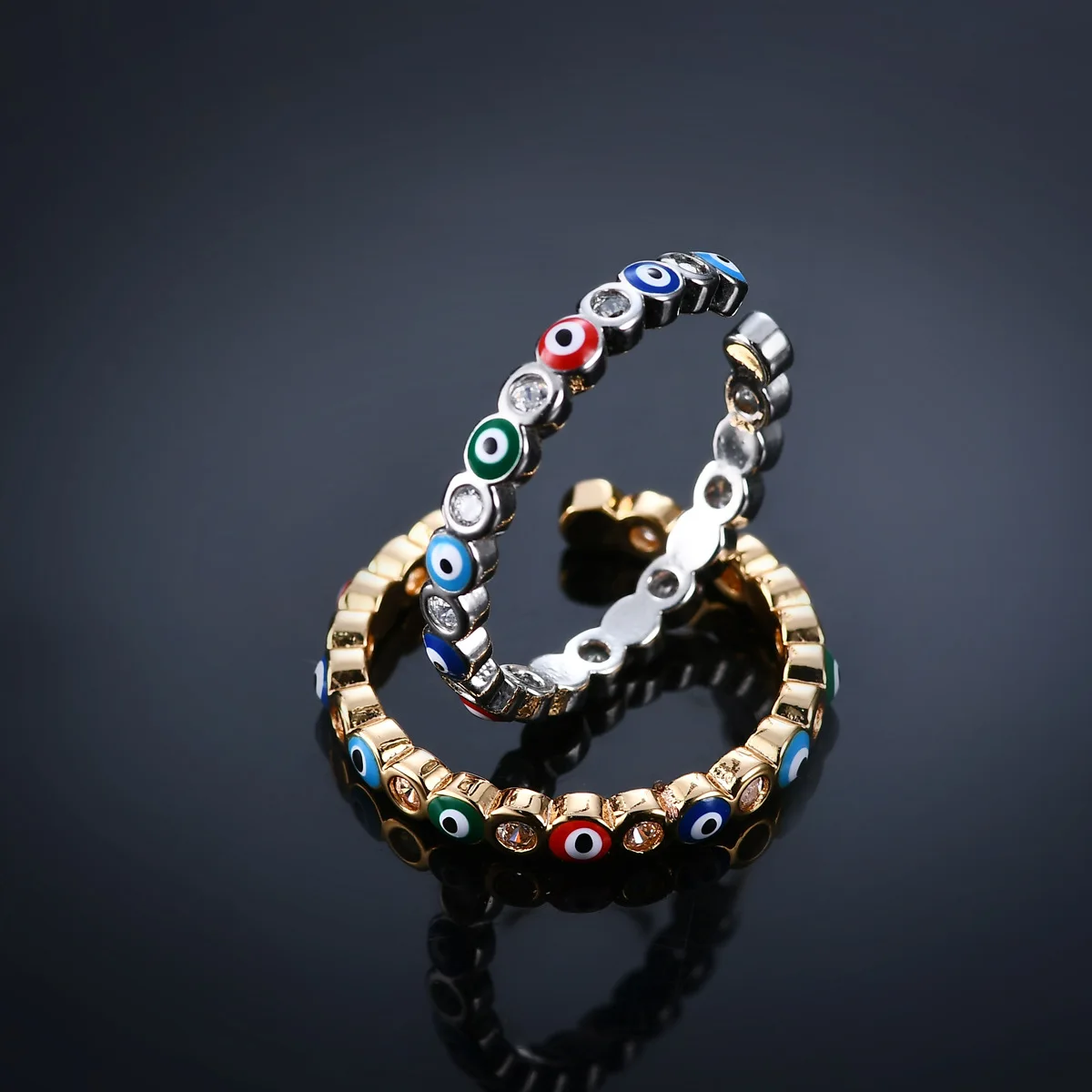 

In Stock Small MOQ Wholesale 2 Colors Copper Adjustable Zircon Evil Eye Ring for Women 2021, As photo