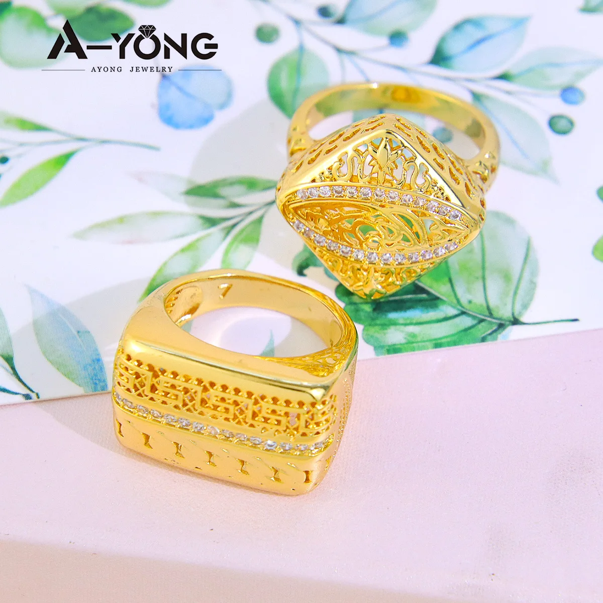 

Factory Wholesale Copper Cubic Zirconia Square Ring Gold Hollow 18k Gold Plated Ring for Women