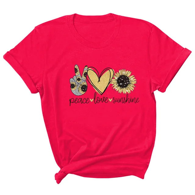 

Valentine's Day Love Sunflower Print Short Sleeve Round Neck T-Shirt, Picture color