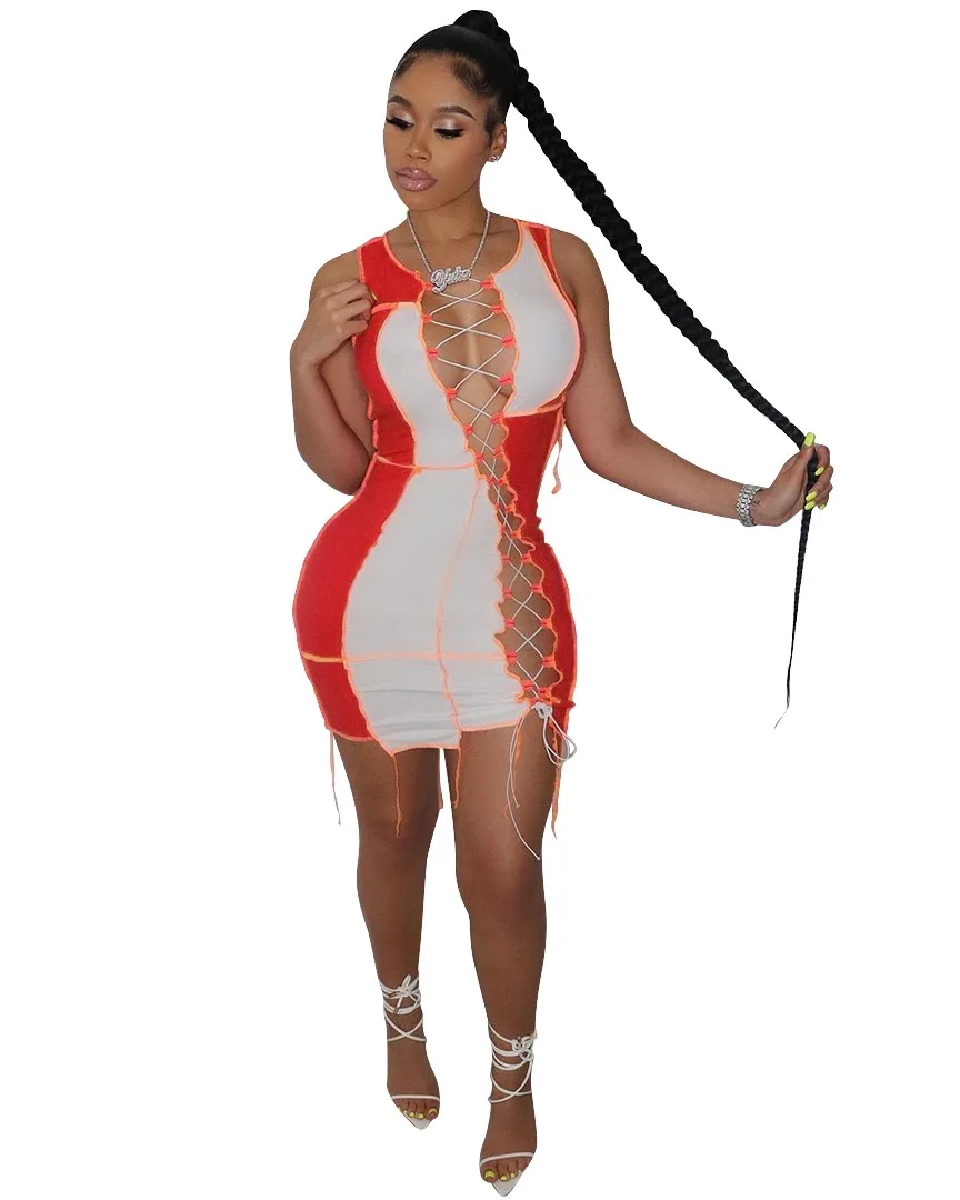

new arrival hollow out sleeveless summer women lace up bandage sexy bodycon club dresses sexy mini