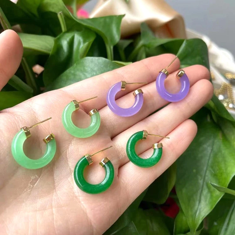 

Jialin jade Jewelry with 18k gold jade earrings hoop green purple jade donut earrings Chalcedony women charm jewelry