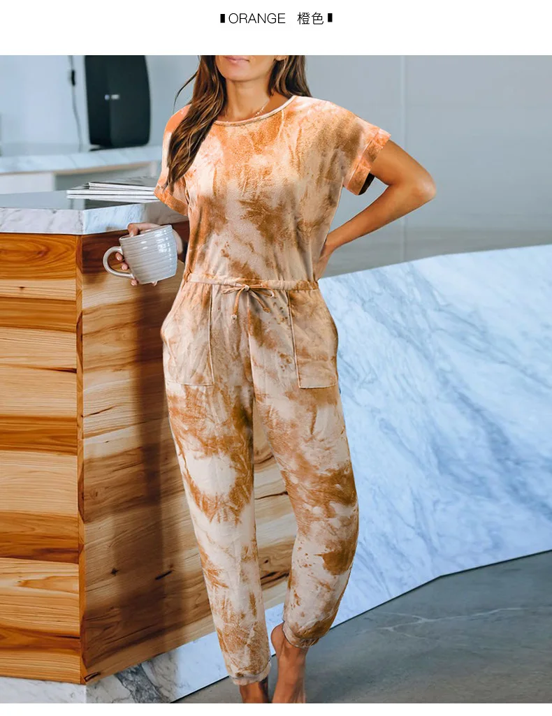 

Garment Dropshipping Tie Dye Summer Loose Short Sleeved Lady Wear Jumpsuit Soft Pajamas