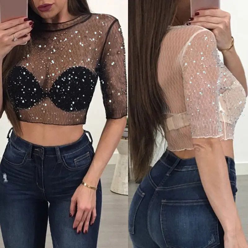 

WW-1278 Nightclub Gauze Drills Very Sexy Perspective Coat Women Sexy Diamond Crop Transparent Top, Customized color