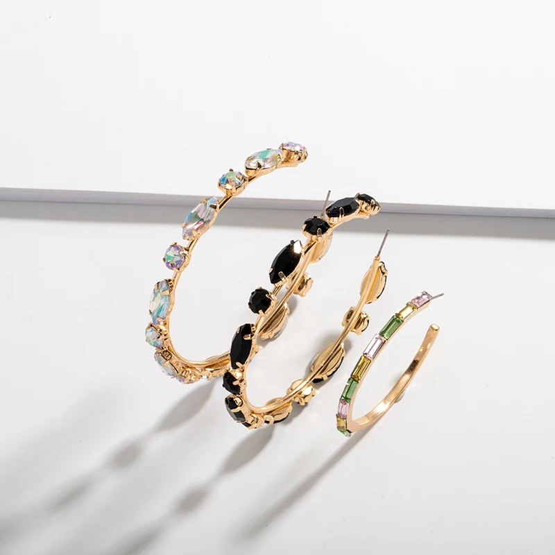 

European Fashion 18k Gold Plated Crystal Round C Shape Hoop Earrings Large Circle Stud Earrings