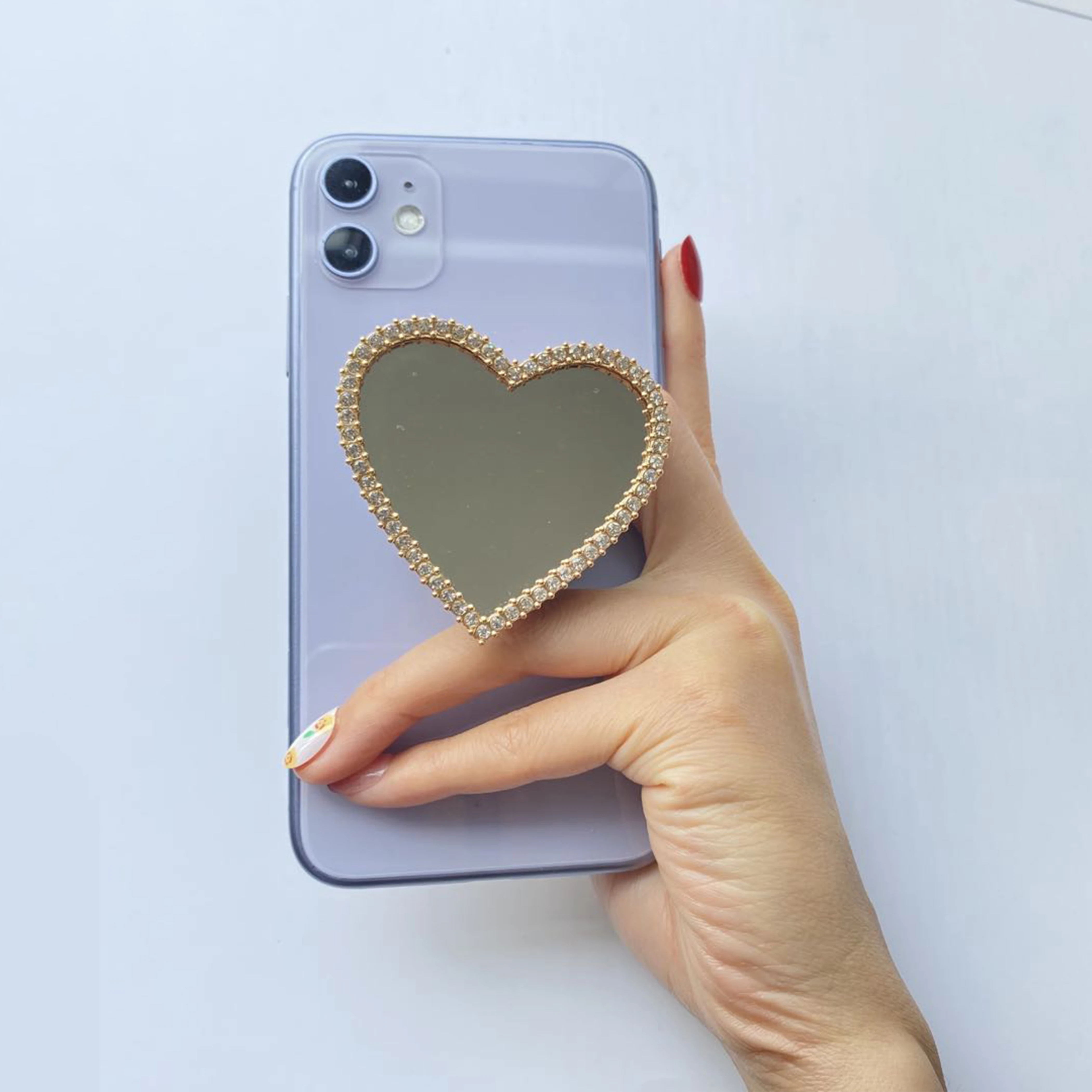 

cell phone holder rhinestone heart-shaped round diamond socket phone extension stand mirror phone grip, Gold/silver/blue