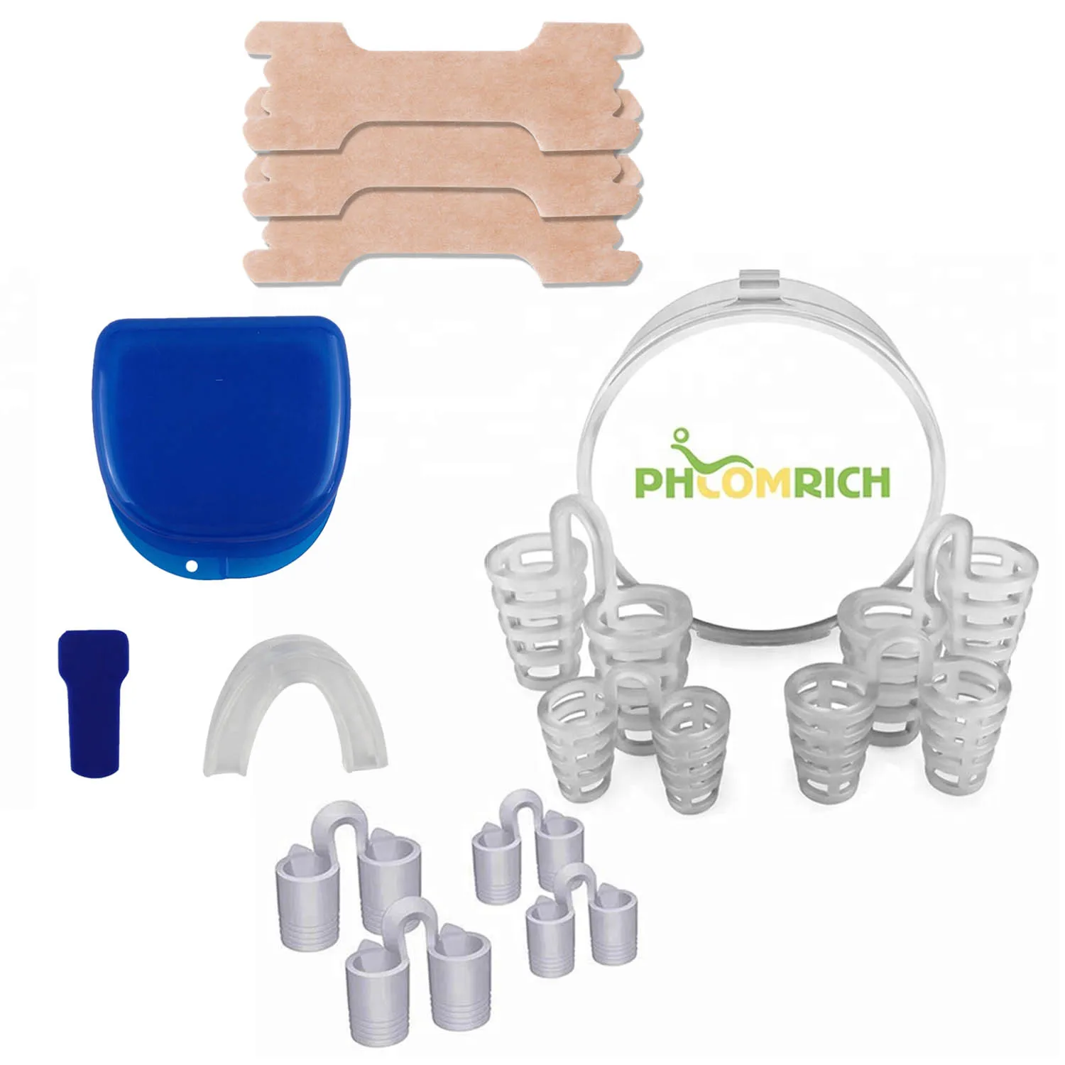 

Anti snore device kit 1 Mouth guard 1 Magnetic Nose clip 1 pc silicone Nose clip and 3 Nose Strip