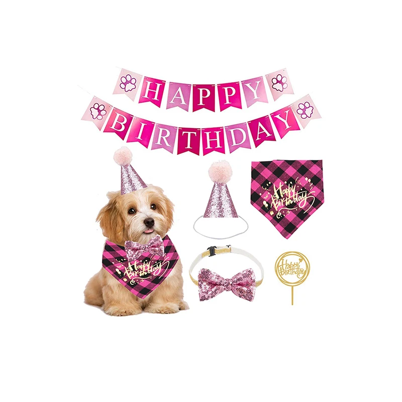 

Pet Dog Happy Birthday Banner Hat Crown Bowtie Cake Topper Bandana Neckerchief for Dog Birthday Party Decoration