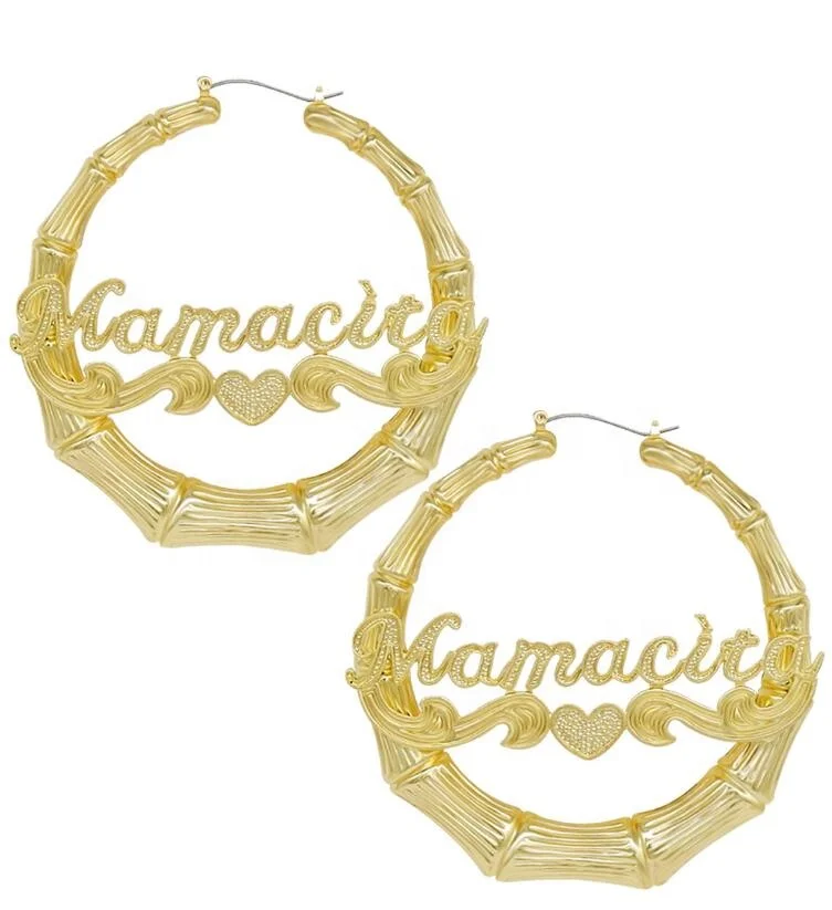 

Custom Hoop Bamboo Personality Name Earrings Stainless Steel Letter Bamboo Heart Round Earring for women