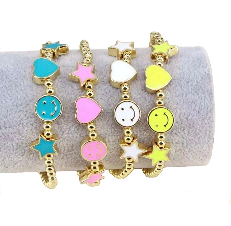 

Women 18k Gold plated  making stretch heart star enamel bead smiley face beaded bracelet