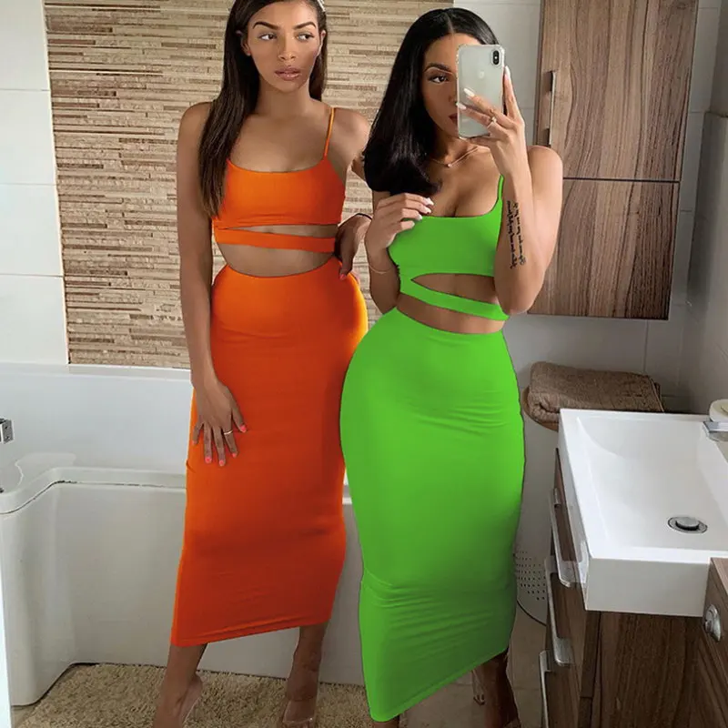 

Autumn 2019 New Women's Suspender Round Neck Tight Fitting Hollow Short Tank Top High Waist Skirt Suit, As picture