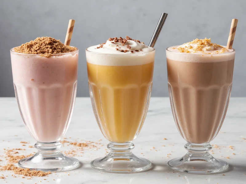 Three milkshake variations in vintage glasses with toppings