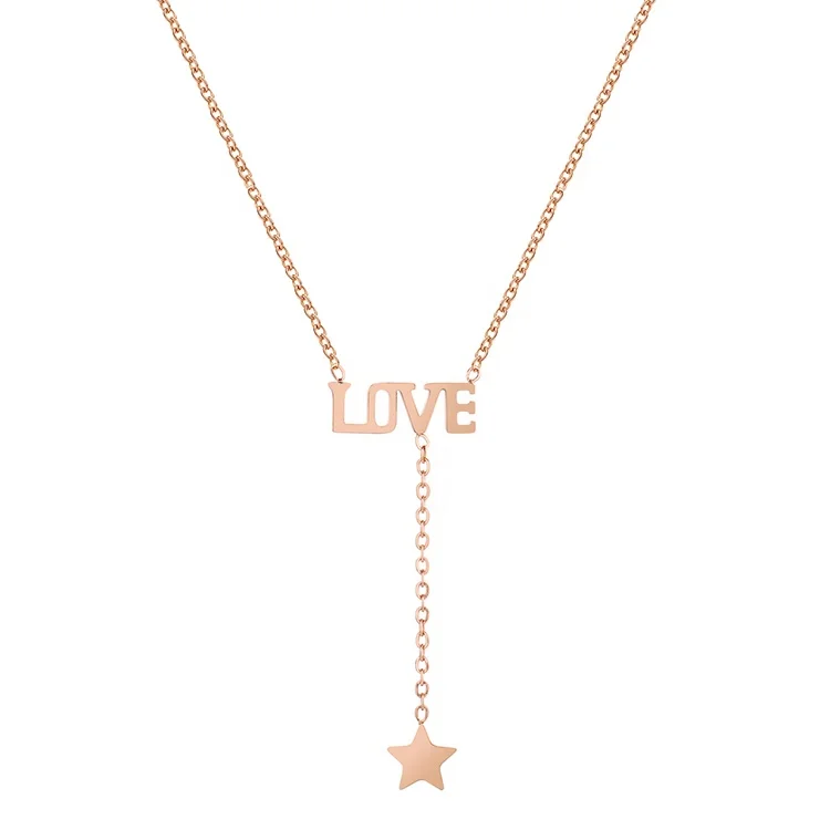 

QIANZUYIN Couples Jewelry Rose Gold Love Letter Necklace Pentagram Pendant Stainless Steel Necklace Women