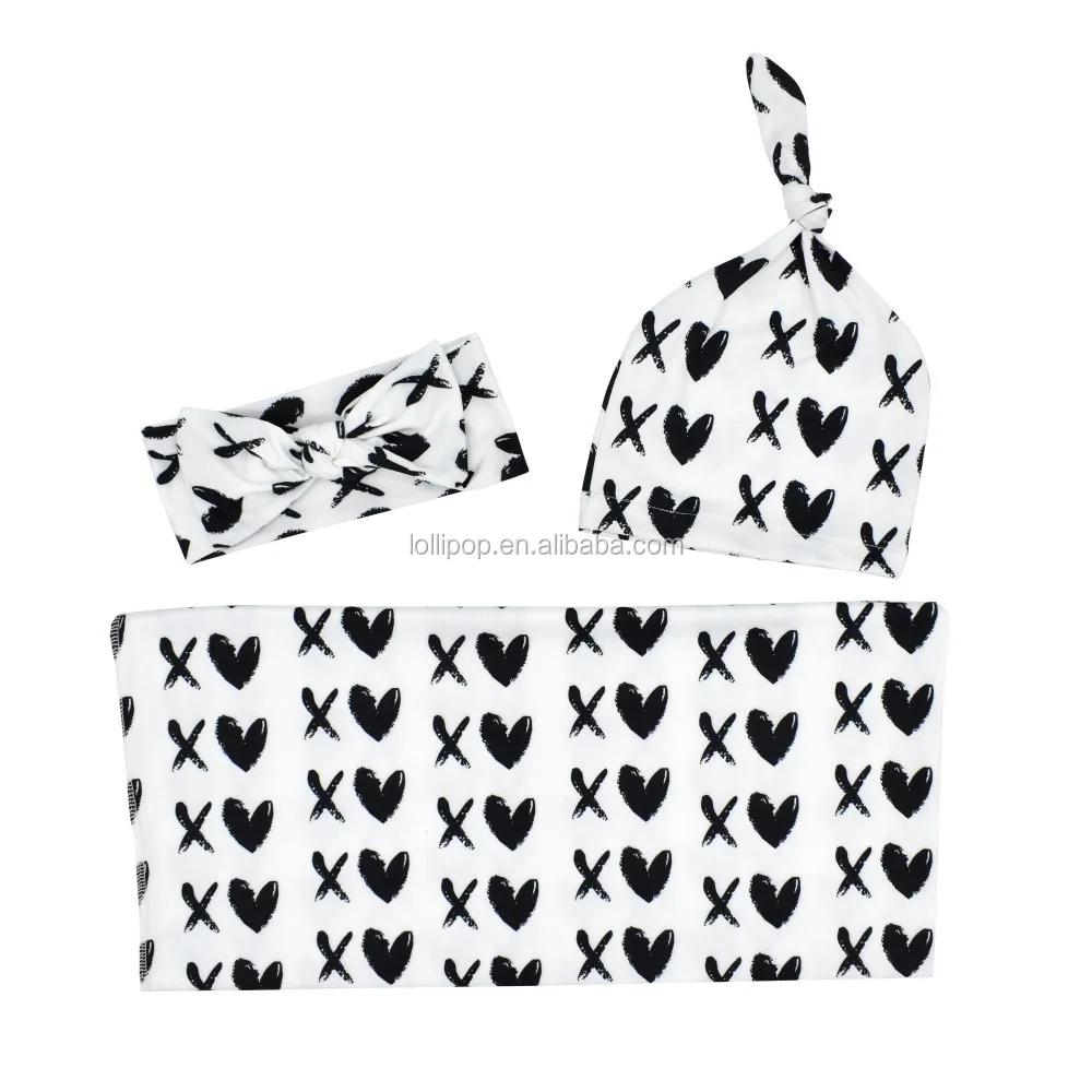 Ready To Ship 3pcs/set Newborn Baby Purple Floral Wrap Swaddle Blanket Headband Beanie Set Soft