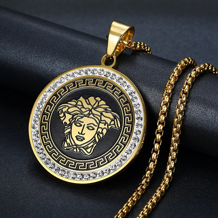 

High Quality Hip Hop Stainless Steel Rhinestone Cubic Zirconia Stone Medusa Round Charm Pendant Necklace Men Women