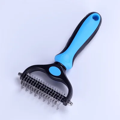 

Pet Grooming Tool 2 Sided Undercoat Rake for Cats & Dogs Safe Dematting Comb for Easy Mats & Tangles Removing, Blue