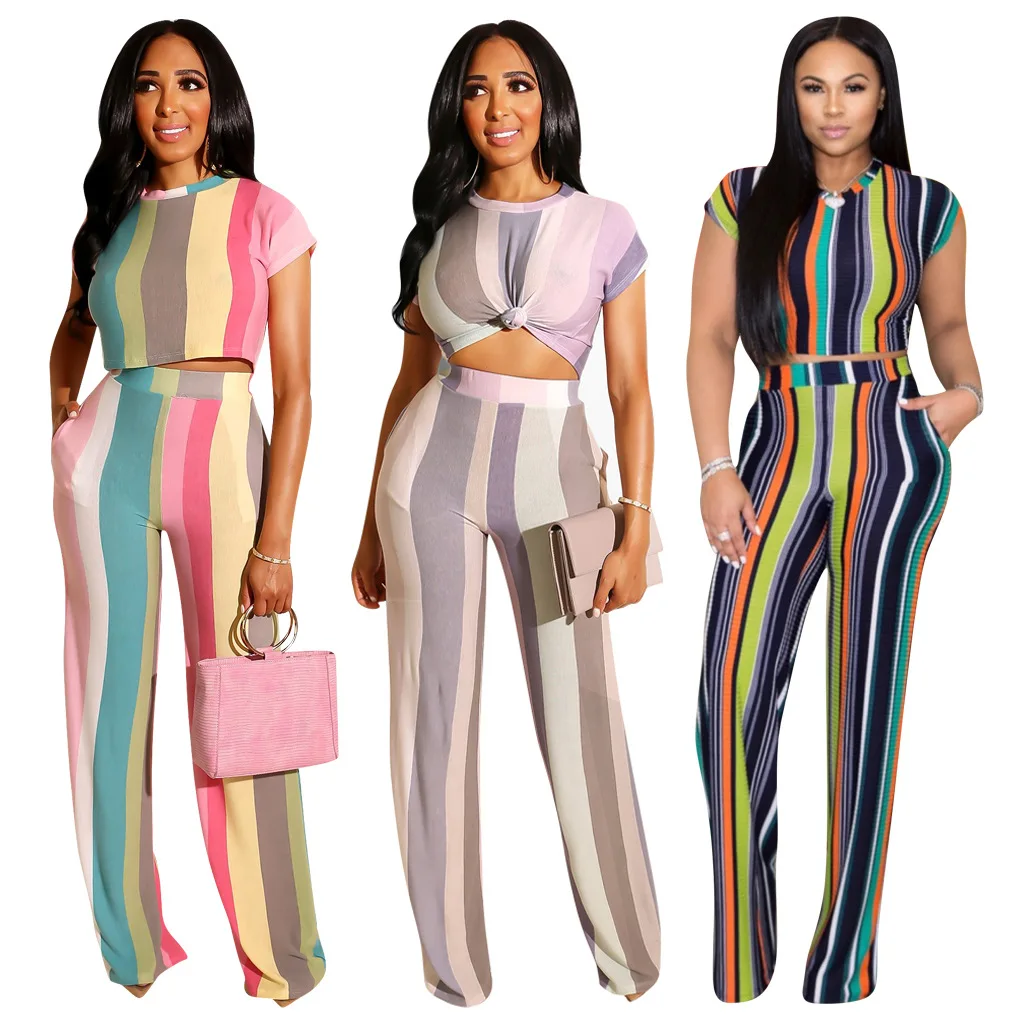 

90515-MX72 casual 2019 women fashion Ladies striped jumpsuit 2 piece set