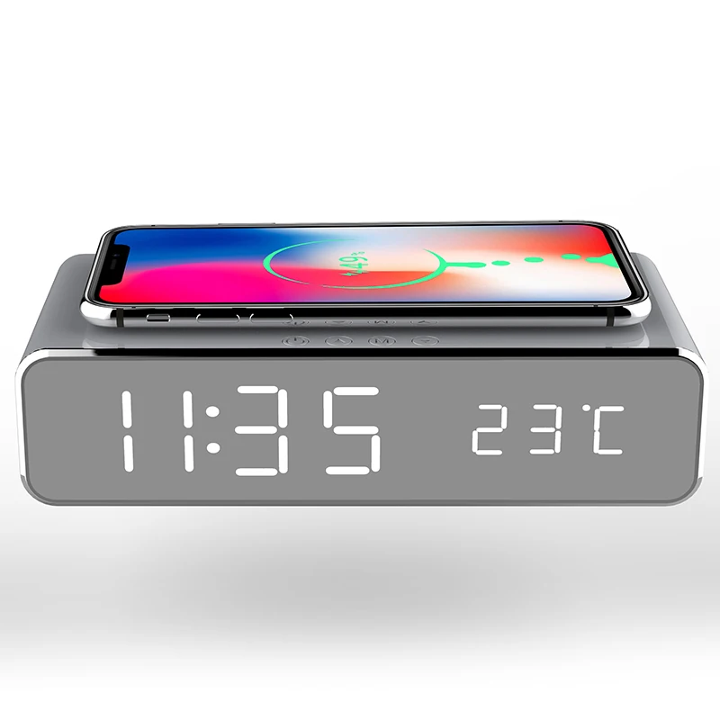

Dropshipping LED Digital Alarm clock Modern phone wireless charger, Silver