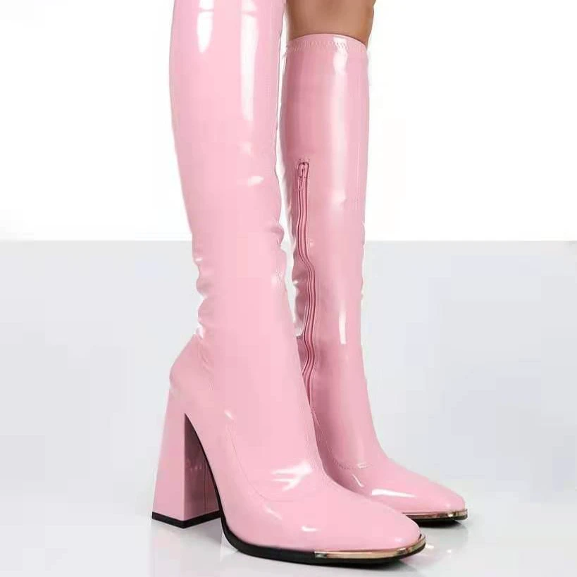 

PU Leather High Heel Boots Pink Women Ladies Fashion Knee High Shoes Boots, 5 colors