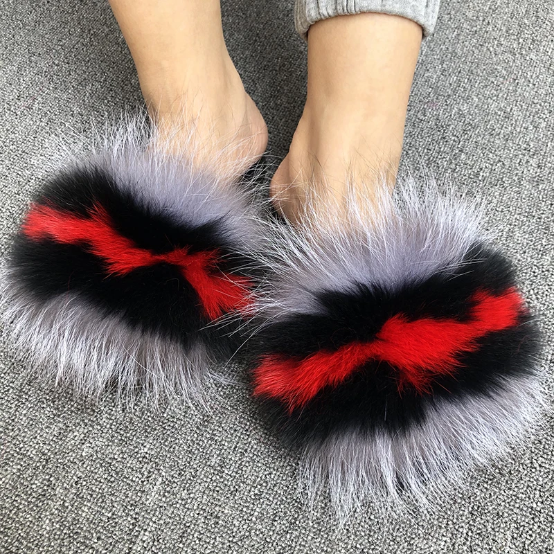 

High quality wholesale slider fluffy outdoor sandals furry raccoon fur slippers real soft fox fur slides for women, Pink,yellow,white,black,green,or custom