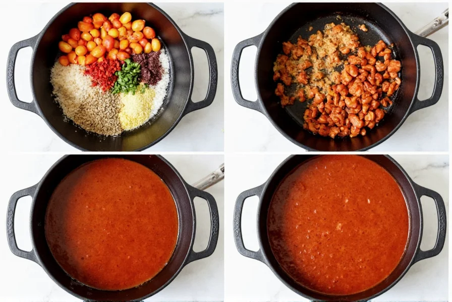Step-by-step preparation of Rons Chili showing ingredients in cast iron pot