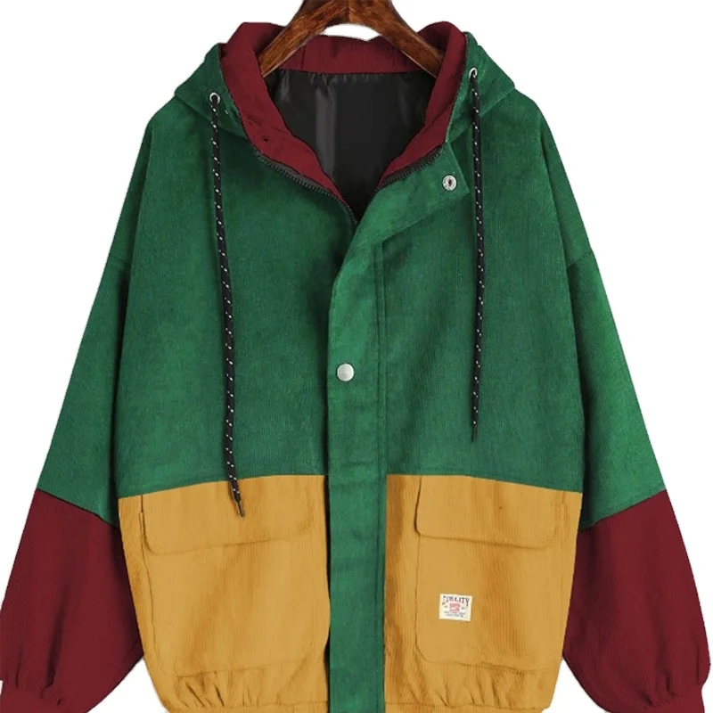 

The New Fashion Unisex Color Block Patchwork Corduroy Hooded Jackets Casual Outerwear, Customized color