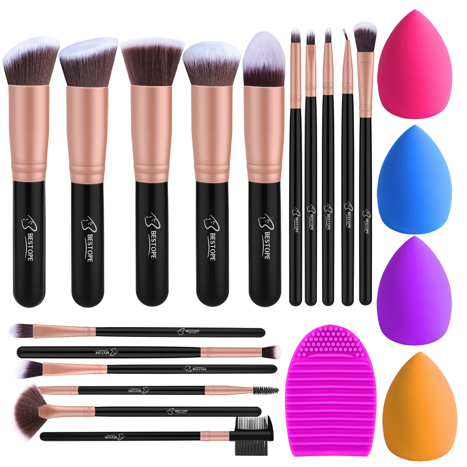 

BESTOPE 16 Pcs Makeup Brushes & 4 Makeup Sponges & 1 Brush Cleaner, Professional Make Up Brush Sponge Kit Makeup Brush Set, Rose golden
