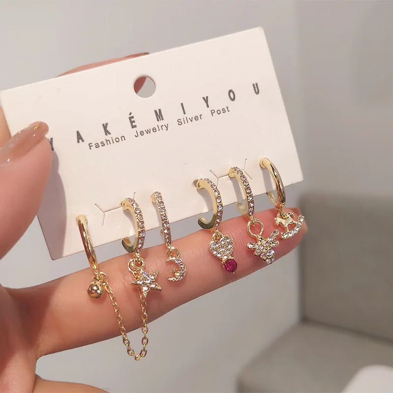 

Diamond Unicorn star rainbow moon hoop earring set, Gold