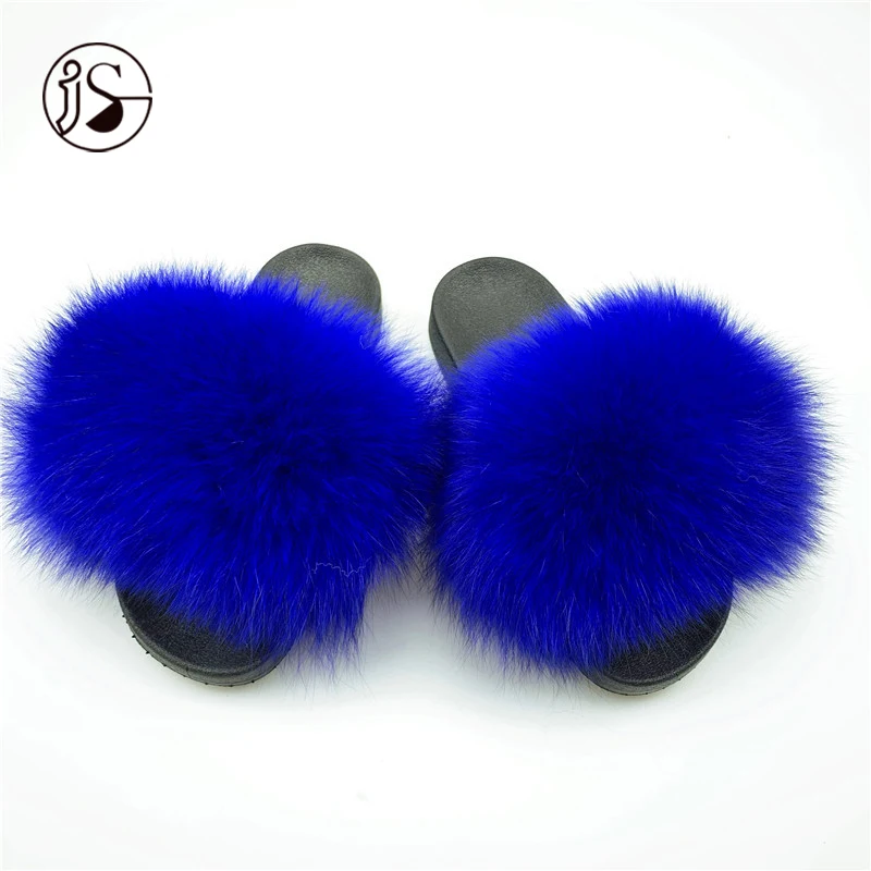 

2021 Whole sale women slippers real fox fur slippers with flat bottom long furry fox fur slides designer comfortable slides, Picture
