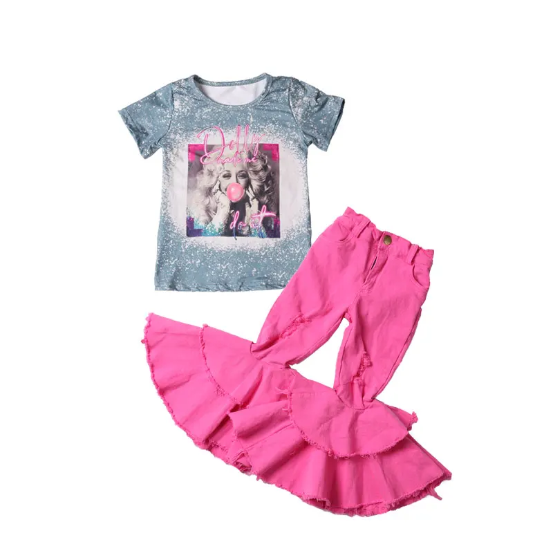 

Summer children's Boutique baby girls clothing set pink denim kids bell bottom sets for infant