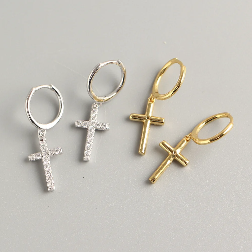 

New Arrival High Quality HIP HOP Cubic Zircon 925 Sterling Silver Cross Drop Clip Earring