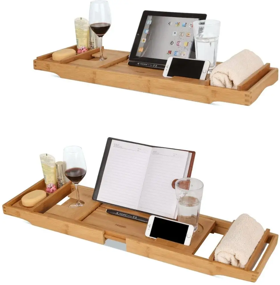 

Combohome Bamboo Bathtub Tray Extending Sides Bath Table Adjustable Caddy Tray Bathroom Cellphone Tray and Wineglass Holder, Natural