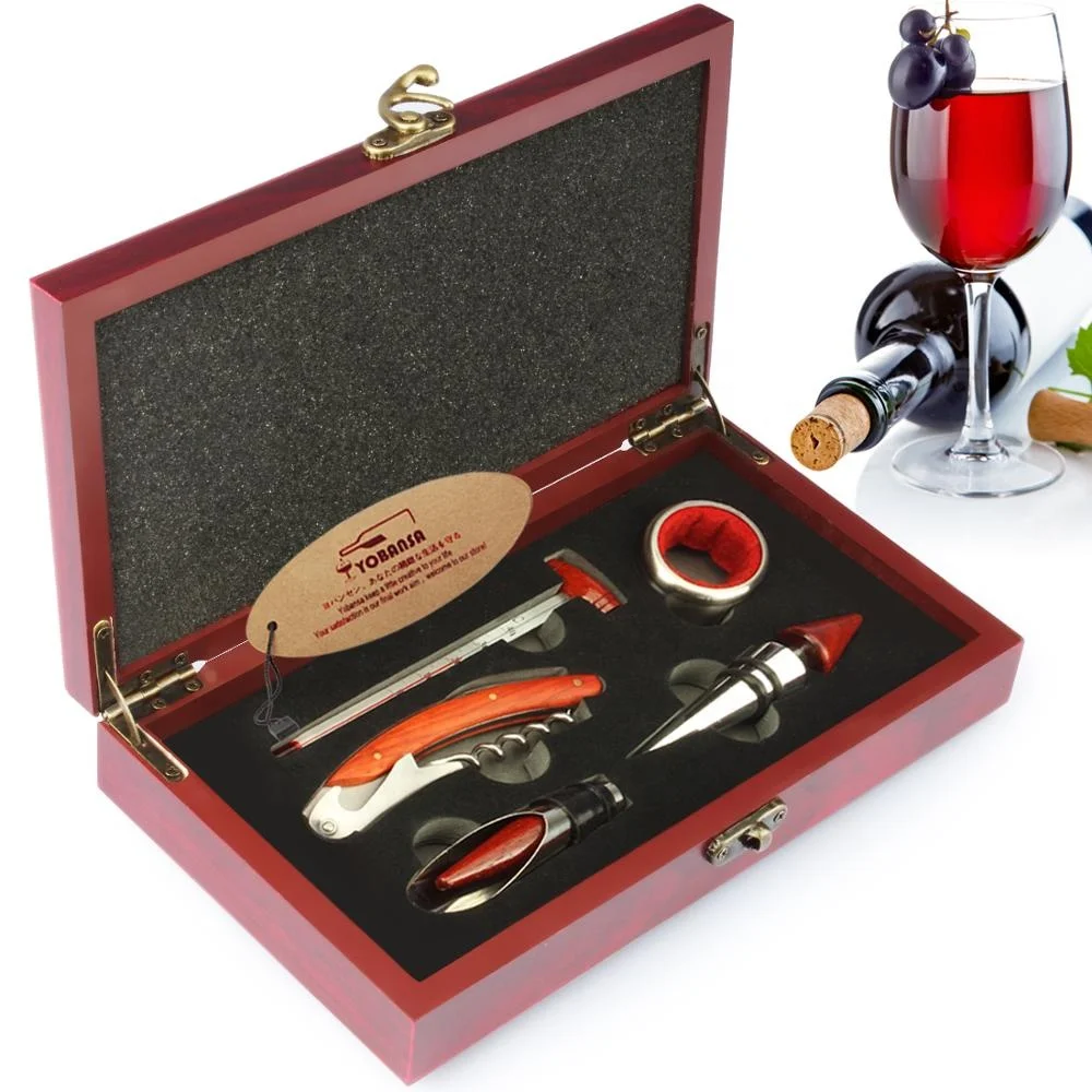 Wooden box 5 pieces wine accessories gift set wine opener set for Birthday Wedding Christmas
