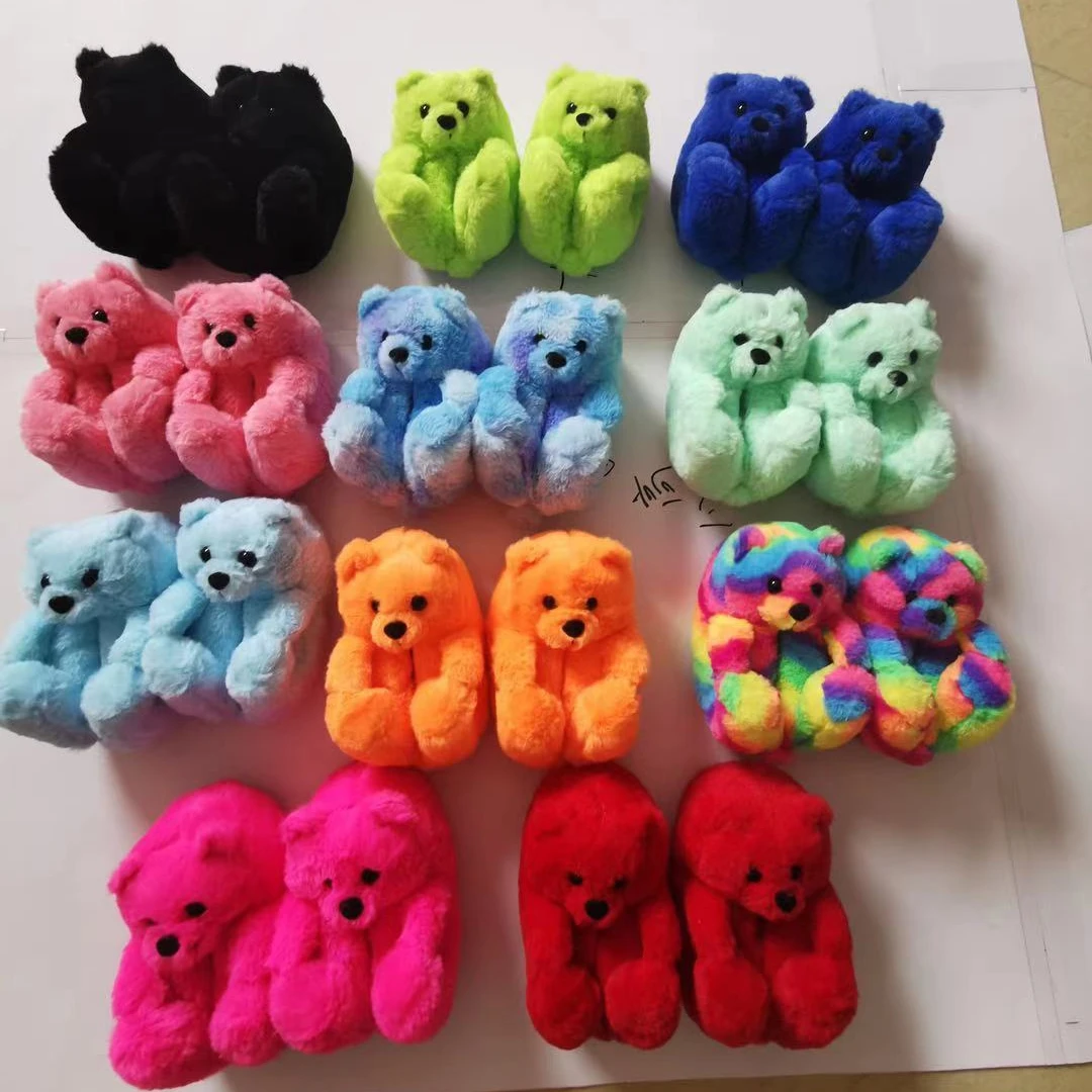 

2021 Cheap Kid Style Teddy Bear Slipper Shoes Home children Plush Bed animal Comfortable Furry Fur Slides Toddler