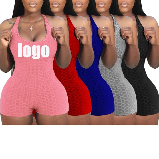 

Custom logo MOQ 1pcSummer 2021 backless bodysuit high elastic shorts romper women sexy club wear pants sports one piece jumpsuit