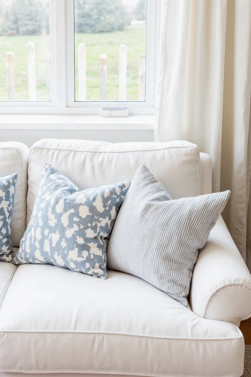 White couch with velvet pillows