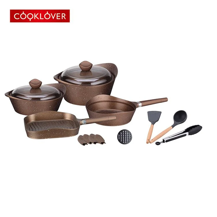 

High quality 16 piece cast aluminum marble non-stick copper color cookware sets kitchen spanish pot/fry pan, Copper and gray