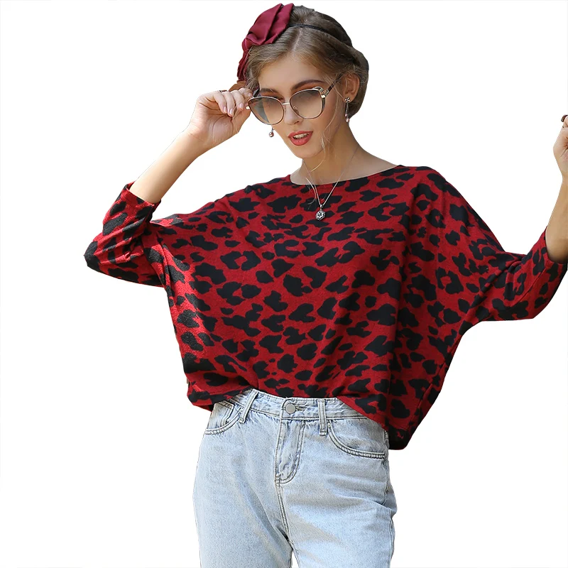 

New Style Women's Fashion Elegant Clothing Casual Leopard Print Long Sleeve Crew Neck Shoulder T-Shirt Tops, Customized color