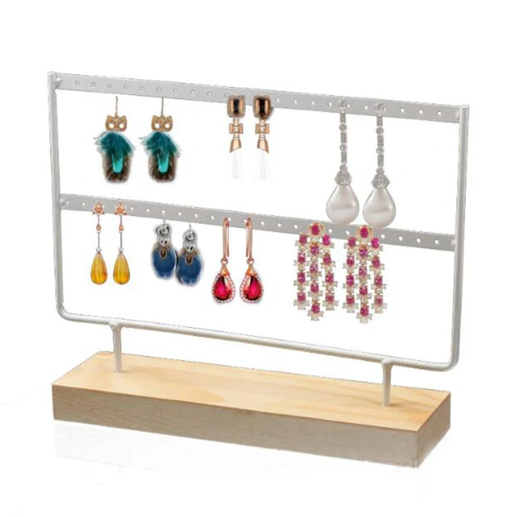 

2 Layers Black Metal Earring Holder Jewelry Organizer Earring Display Stand With Wood Base, White&black