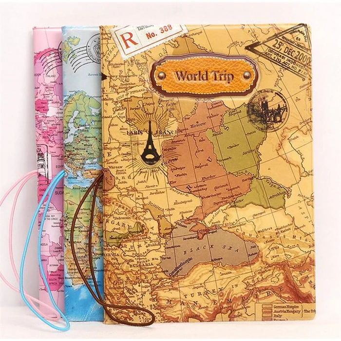 

Fashion journey 3D synthetic leather travel world map passport cover card holder with elastic band, Picture