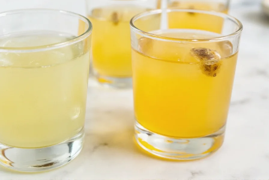 Glass bottles containing golden ginger shots with lemon slices and fresh ginger pieces arranged on wooden background